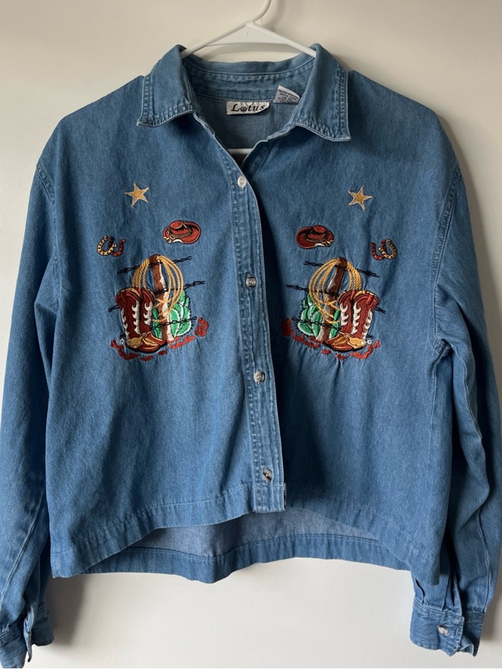 (SOLD) Lotus Embroidered Denim Button-Up Jacket - Blue with Multicolor Western